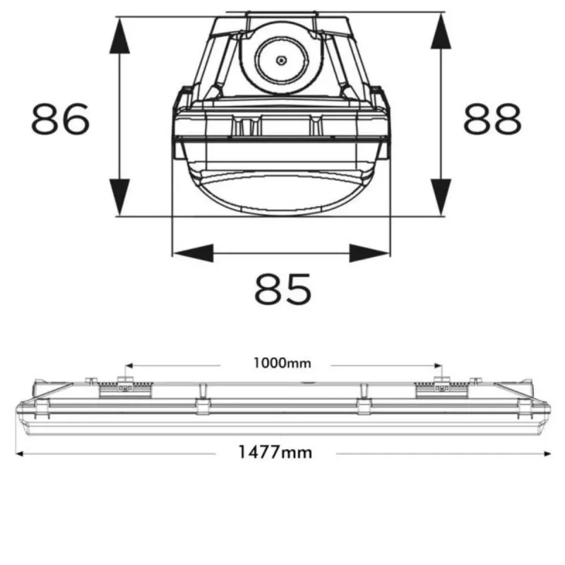 Schema tecnico plafoniera LED 150cm 1477mm staffe ogni 1000mm