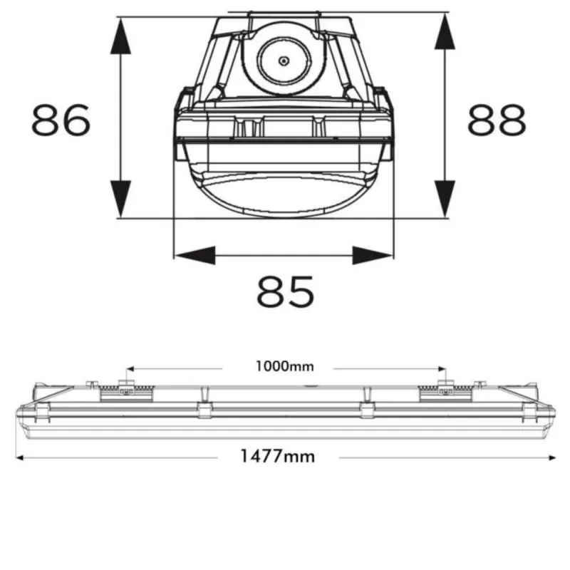 Esquema técnico regleta LED 150cm medidas 1477mm fijaciones cada 1000mm