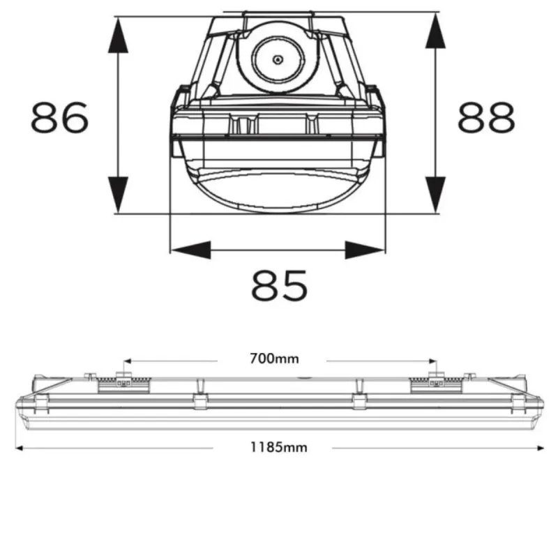 Technical drawing 120cm LED batten section 86x85x88mm selectable wattage