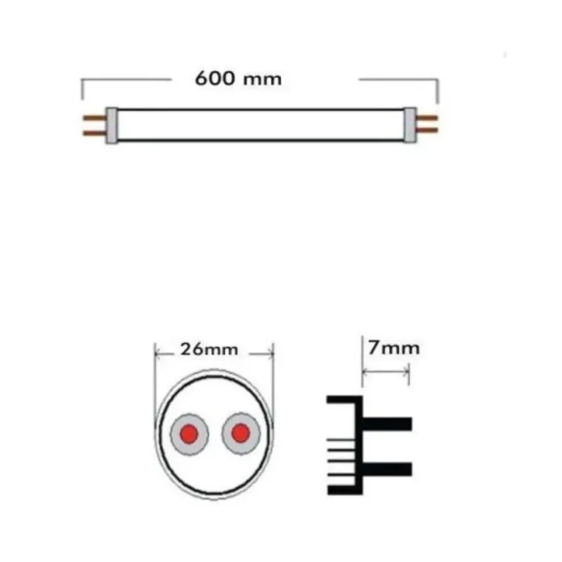 Dimensiones tubo LED T8: 600mm de largo, 26mm de diámetro y casquillo G13 con pines 7mm