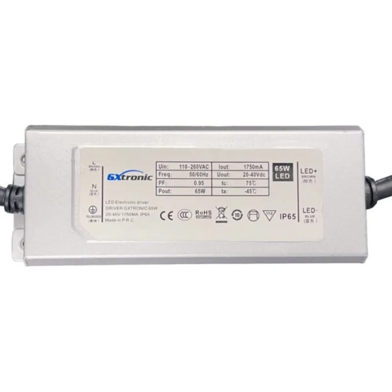 LED driver 65W GXTRONIC IP65 110-260V with technical specifications label for retrofit module
