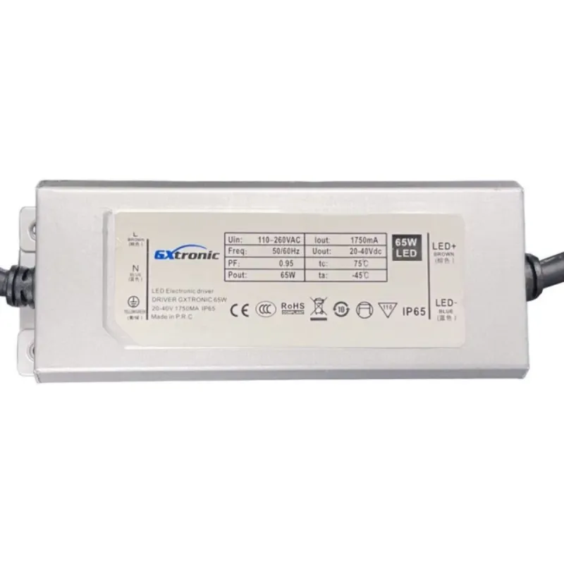 Driver electrónico LED 65W GXTRONIC IP65 110-260V con etiqueta de especificaciones técnicas