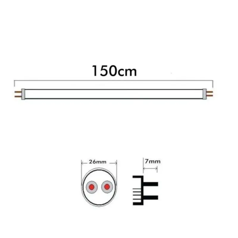 Schema dimensionale tubo LED T8 150cm di lunghezza, 26mm di diametro e pin G13 a 7mm