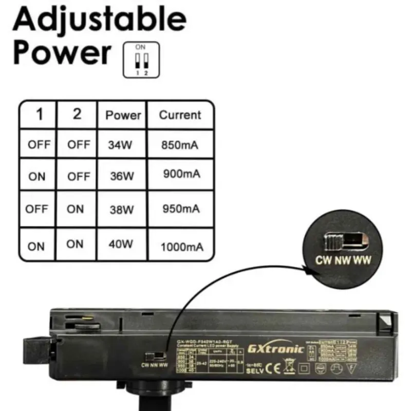 Tableau puissance ajustable spot LED NEW MAYA: 34W, 36W, 38W ou 40W via interrupteurs DIP