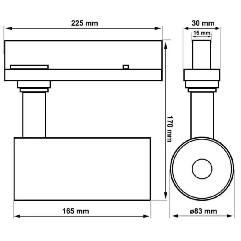 Dimensions spot LED NEW MAYA: corps 165mm, total 225mm, hauteur 170mm et diamètre frontal 83mm