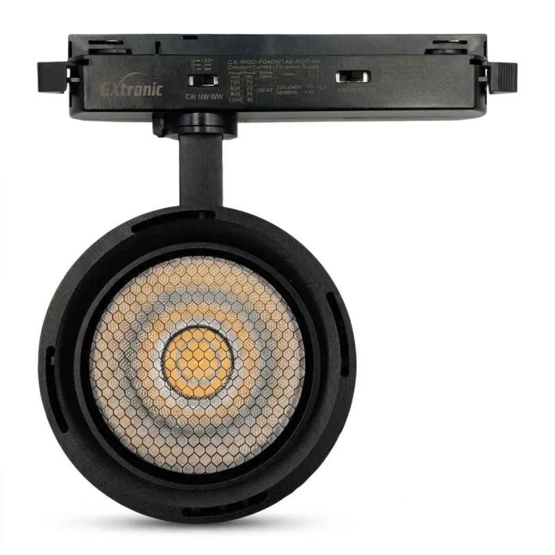 Black single-phase LED track spotlight lit, COB chip and 3CCT selector (2700K-4000K-5700K)