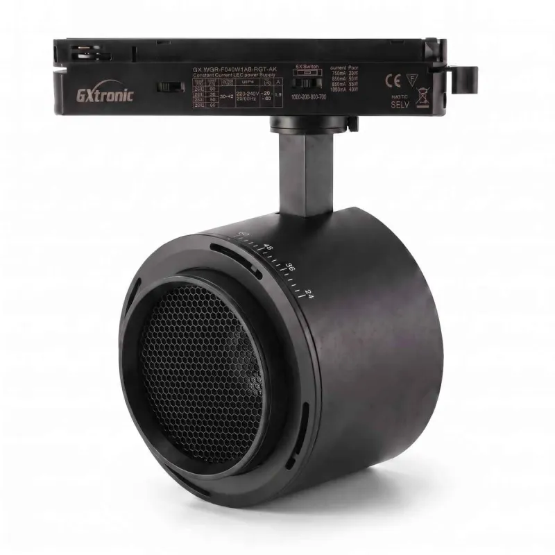 28-40W single-phase LED track spotlight black with GXtronic driver, anti-glare lens and adjustable 24-60° optic