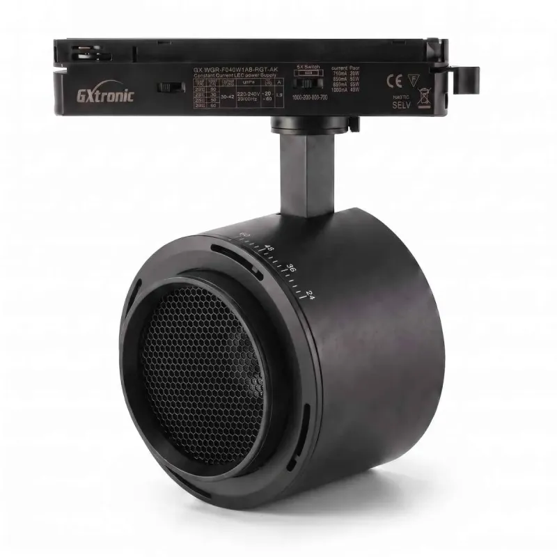 28-40W single-phase LED track spotlight black with GXtronic driver, anti-glare lens and adjustable 24-60° optic