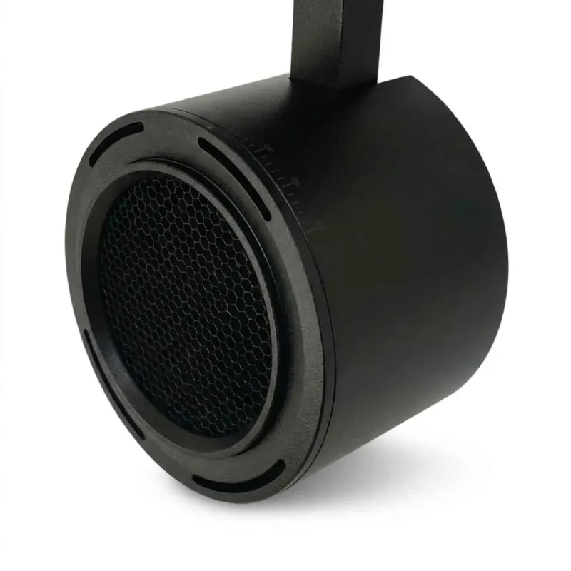 Detail of the black single-phase LED track spotlight head with honeycomb anti-glare lens