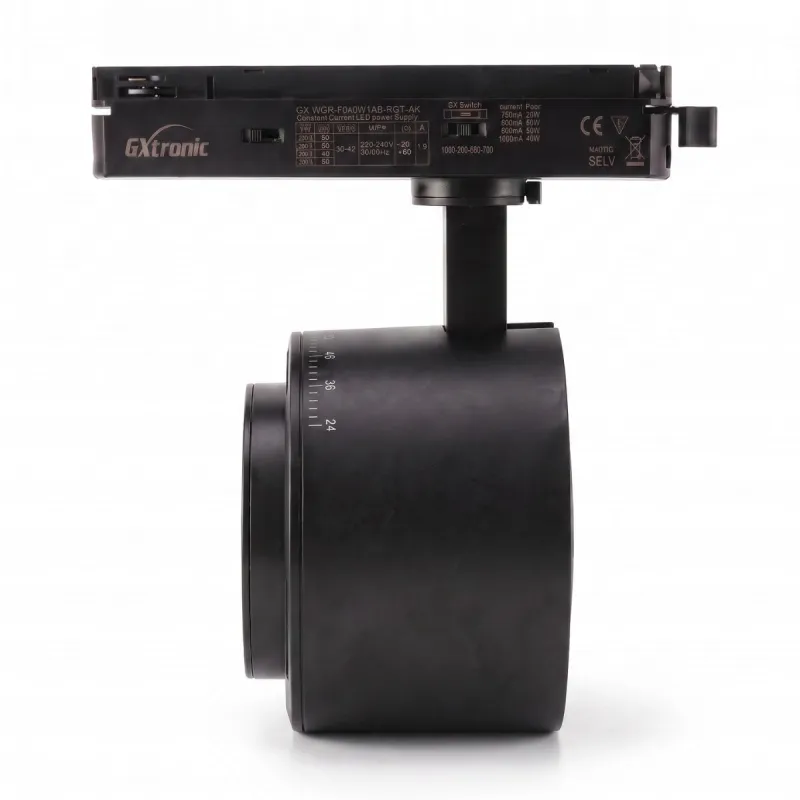 28-40W single-phase LED track spotlight black side profile, with GXtronic driver and 24-60° optic scale
