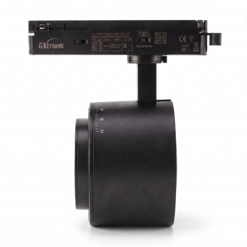 28-40W single-phase LED track spotlight black side profile, with GXtronic driver and 24-60° optic scale