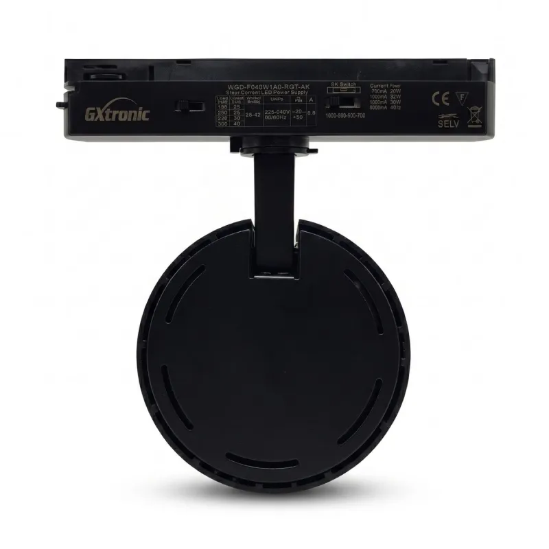 Black single-phase LED track spotlight, rear view with GXtronic driver and track adapter