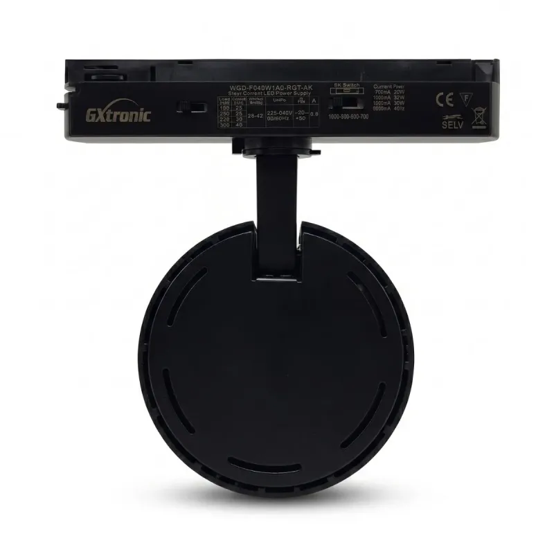 Black single-phase LED track spotlight, rear view with GXtronic driver and track adapter