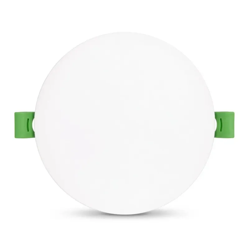 White circular frameless LED downlight, front diffuser view with green mounting clips