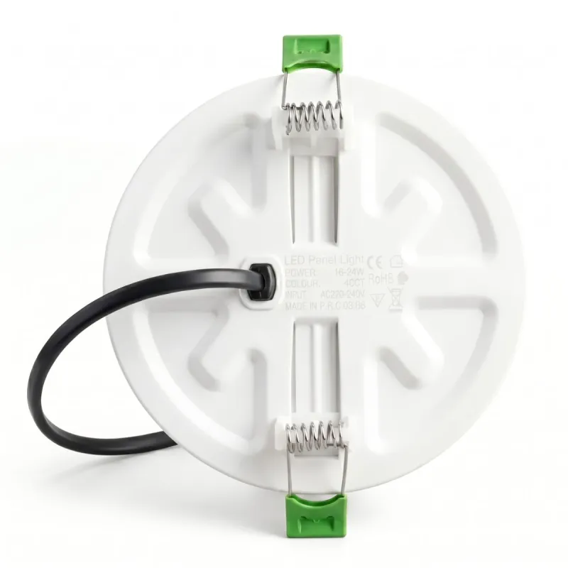 White frameless LED downlight, rear view with mounting springs, cable and 16-24W 4CCT label