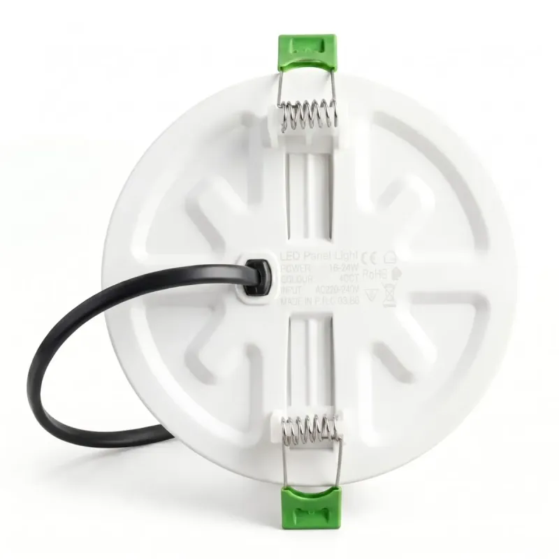 White frameless LED downlight, rear view with mounting springs, cable and 16-24W 4CCT label
