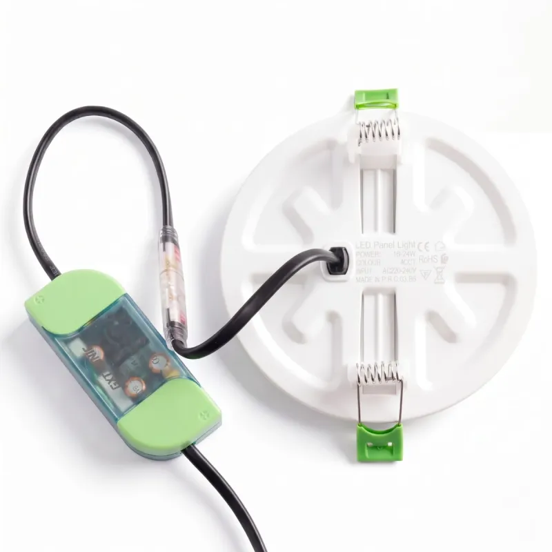 White frameless LED downlight with its included GXtronic driver and connector