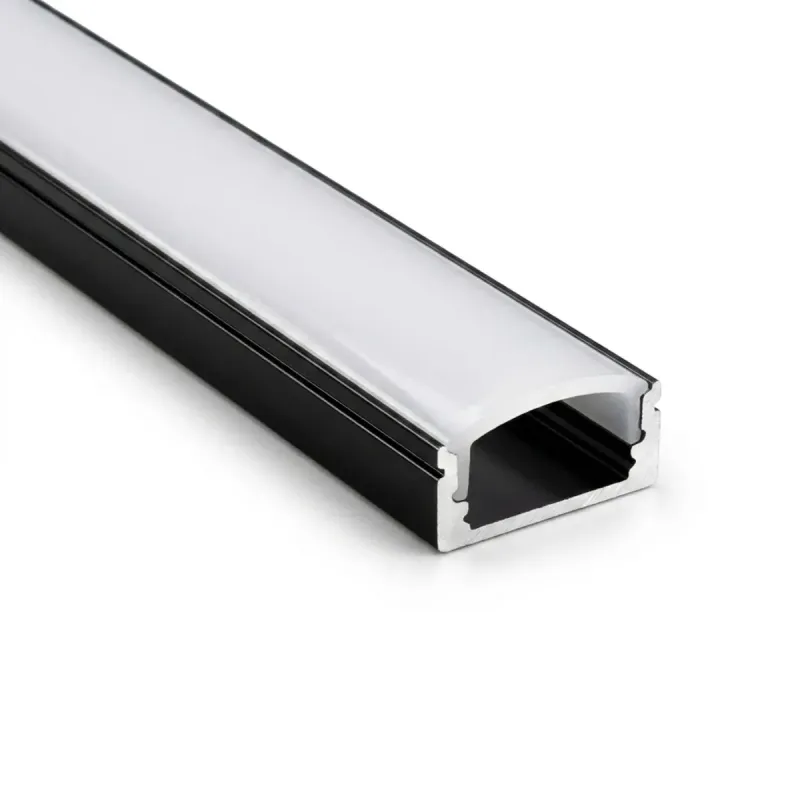 Perfil de aluminio negro de superficie para tiras LED con difusor opal, vista de la sección en U
