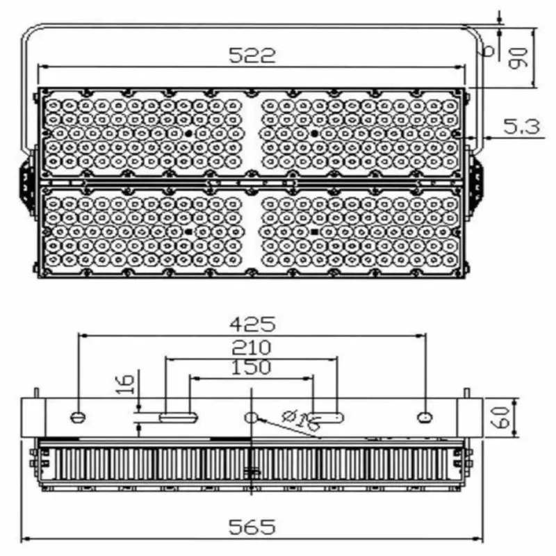 Technical diagram LED floodlight 600W STADIUM front dimensions width height installation measurements
