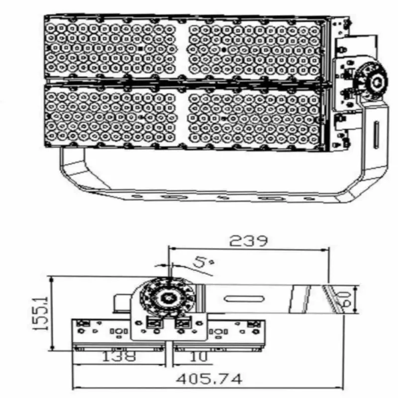 Technical diagram LED floodlight 600W STADIUM side dimensions depth bracket angle orientation specs