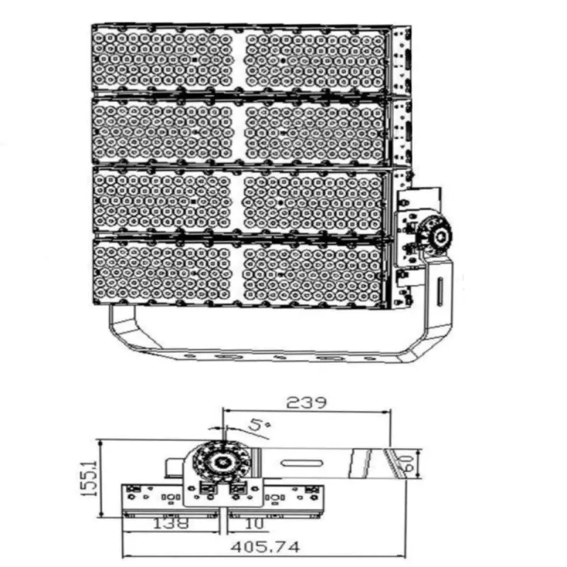 Technical drawing 1200W stadium LED floodlight dimensions side view measurements adjustable bracket