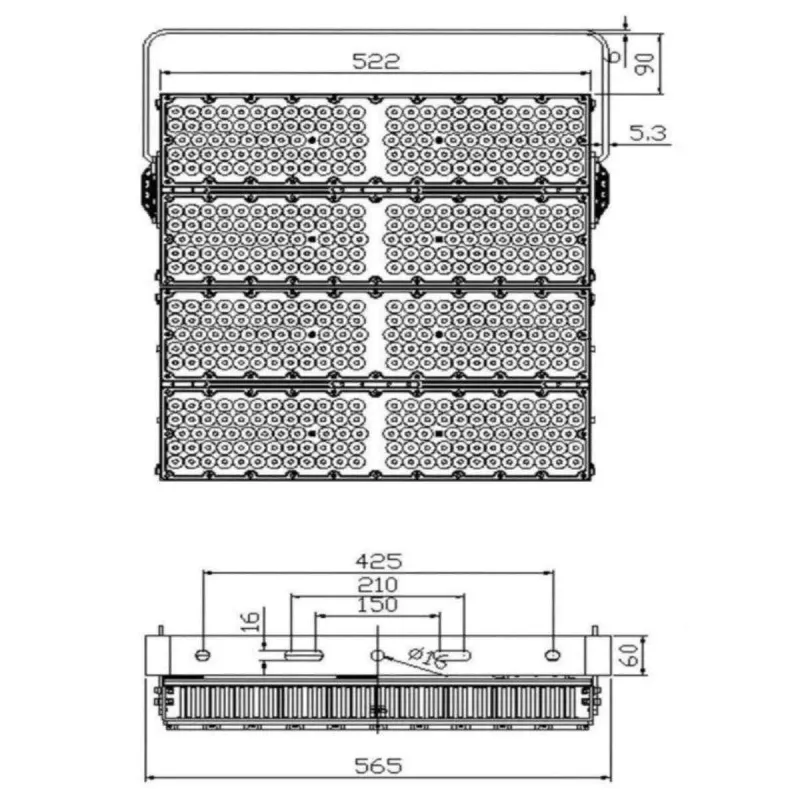 1200W PHILIPS Xitanium LED floodlight technical drawing dimensions 522x565mm IP65
