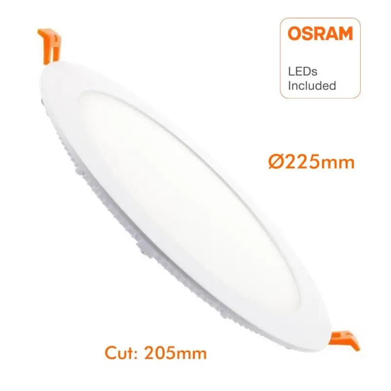 Pannello LED Slim 18W OSRAM con misure Ø225mm esterno e foro di installazione 205mm
