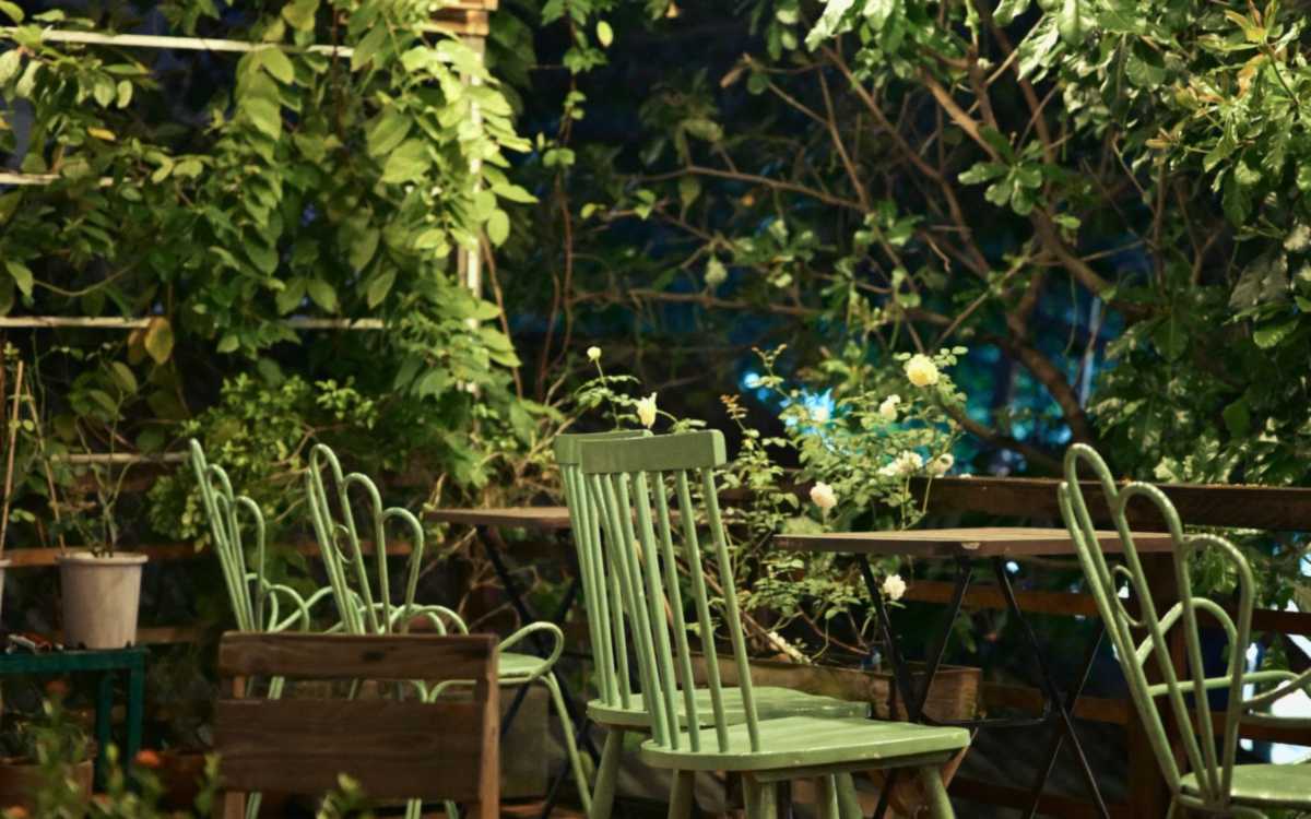 Hotel outdoor terrace with warm LED lighting
